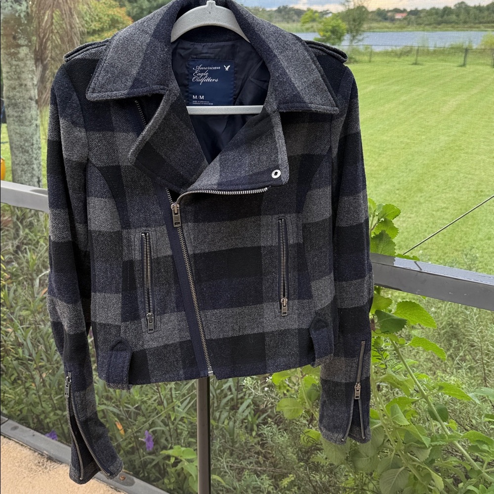 American Eagle Moto Jacket Medium Plaid Wool Blend Asymmetrical Zip Coat